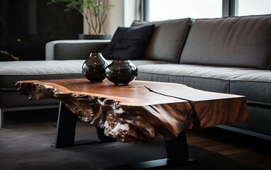 Close-up of Live Edge Coffee Table by Modern Sofa. Generative ai