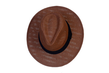 Panama hat style straw hat with black ribbon isolated on white background, straw hat for woman and man head protection