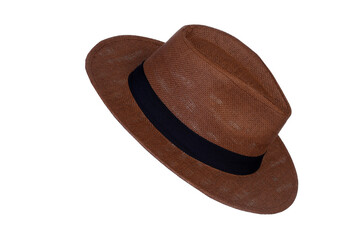 Panama hat style straw hat with black ribbon isolated on white background, straw hat for woman and man head protection