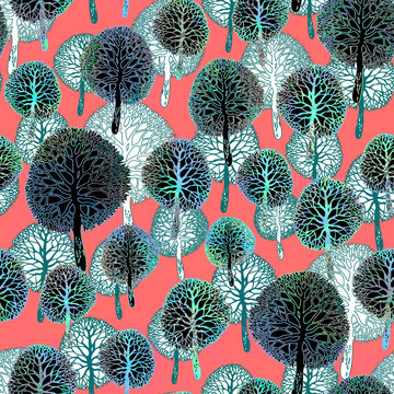 Amazing forest seamless pattern with cartoon hand drawn trees colored silhouettes. Nature design for create textile, wallpaper, wall panel, baby bedding, babys outhwear, organic package.