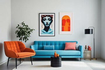 Modern Living Room with Blue Sofa and Terra Cotta Lounge Chair. Generative ai