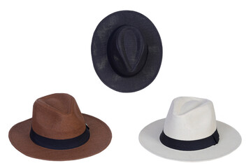 Panama hat style straw hat with black ribbon isolated on white background, straw hat for woman and man head protection