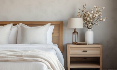 Modern Bedroom with Rustic Bedside Cabinet and Beige Pillows. Generative ai