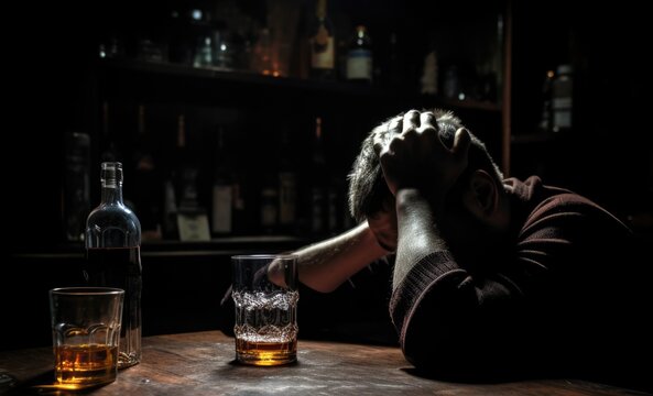 Drunk alcoholic man sitting in front of liquor glasses 