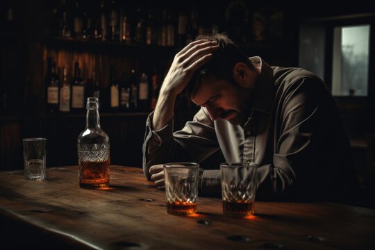 Drunk alcoholic man sitting in front of liquor glasses 