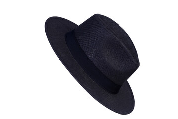 Panama hat style straw hat with black ribbon isolated on white background, straw hat for woman and man head protection