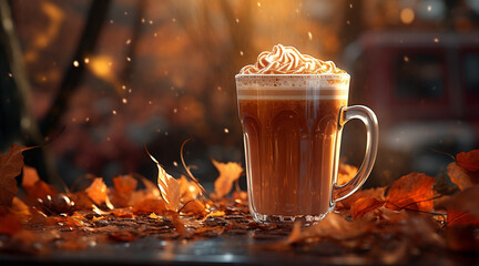 pumpkin, spice, latte, coffee, halloween, autumn, cafe, jack o lantern, whipped cream, leaves falling, autumn leaves - obrazy, fototapety, plakaty