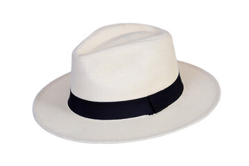 Panama hat style straw hat with black ribbon isolated on white background, straw hat for woman and man head protection