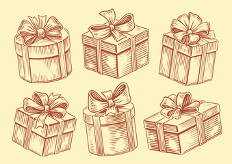 Set of Christmas gifts. Holiday gift box with ribbon bow. Vintage sketch vector illustration