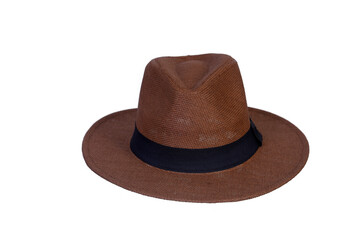 Panama hat style straw hat with black ribbon isolated on white background, straw hat for woman and man head protection