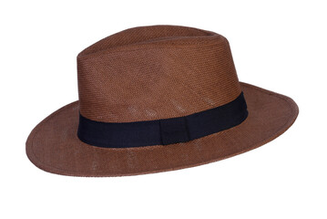 Panama hat style straw hat with black ribbon isolated on white background, straw hat for woman and man head protection