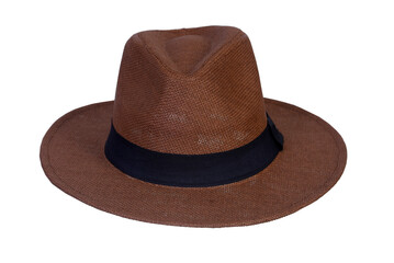 Panama hat style straw hat with black ribbon isolated on white background, straw hat for woman and man head protection