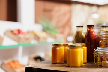 Close up shot of products sold in bulk in zero waste store to minimize plastic usage for a sustainable lifestyle. Bio pantry staples ready to be bought by consciously living clients