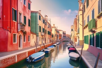 Fototapeta na wymiar Charming cityscape of Venice with water canal and colorful houses. Breathtaking morning scene in Italy, Europe. Travel concept background. Generative AI