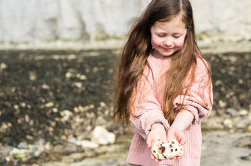 Little girl rock pooling and collecting sea shells at Hope Gap Beach between Seaford and...