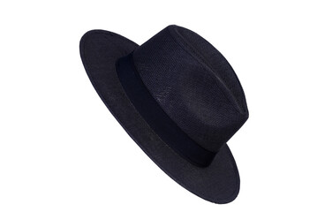 Panama hat style straw hat with black ribbon isolated on white background, straw hat for woman and man head protection