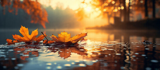 Fall season landscape, fallen leaves floating on water and autumnal sun through tree foliage - Autumn seasonal background - obrazy, fototapety, plakaty