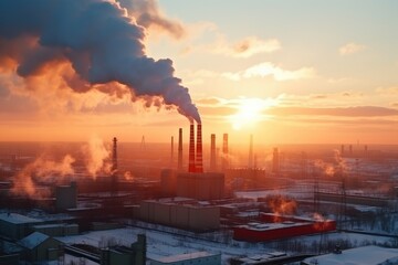 Smoke from heating station in big winter city