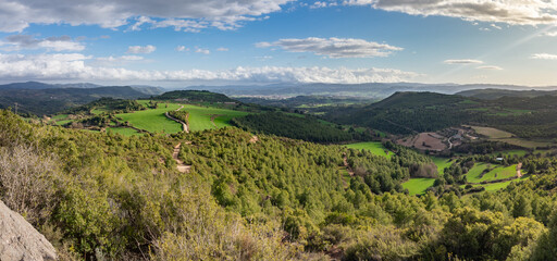 Spring in Catalonia. A panoramic view from Serra de Runió towards Igialada. @ Anoia, Catalonia, Spain.