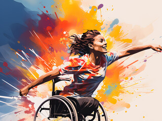 Silhouette of a disabled woman in a wheelchair practicing sports. Colored illustration of a person in a wheelchair. Paralympic games paris 2024. Generative AI - obrazy, fototapety, plakaty