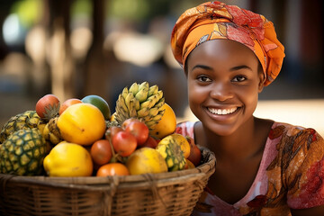 African young woman sitting near basket with tropical fruits outdoor. - Powered by Adobe
