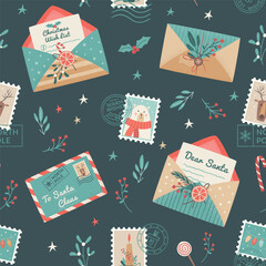 Christmas seamless pattern. Santa mail. X-mas opened and closed  envelopes, seals, postage stamps, berry branches, mistletoe, stars. Holiday vector background for wrapping paper, textile, cards
