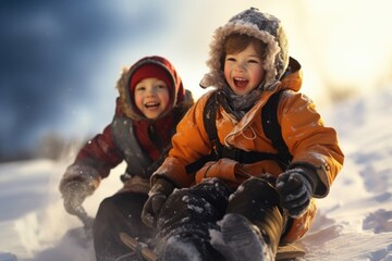 Kids winter vacation time in winter, carefree childhood, happy time , having fun in the snow, sledding, sculpting a snowman, playing in nature, joy and fun , children spend time together .