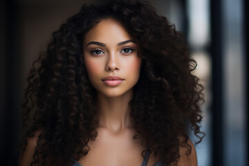 Fototapeta premium Generative AI picture of Young beautiful girl model demonstrating perfect styling curly hair