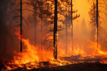 Wind blowing on a flaming trees during a forest fire - obrazy, fototapety, plakaty