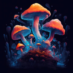 Fototapeta na wymiar Cartoon Magic Mushrooms, Watercolor Painting, Generative AI