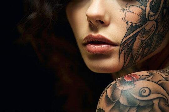 AI generated illustration picture of a young woman covered in tattoos