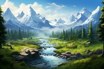 Scenic view of majestic mountains, a winding river, and lush forests. Generative AI
