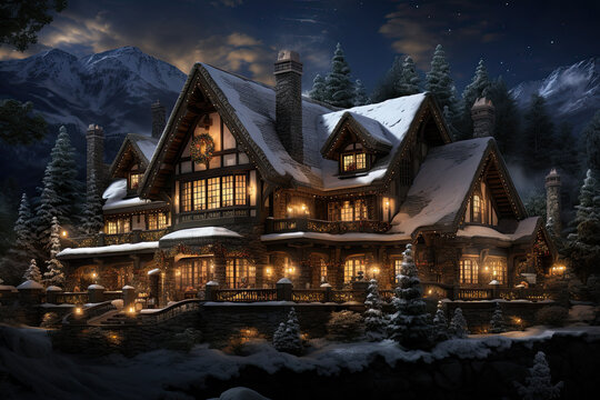 Pompous mansion decorated outside with Christmas decorations and Christmas garlands in winter. Ski resort in the mountains.