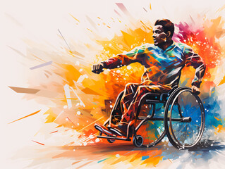 Silhouette of a happy disabled man in a wheelchair practicing sports. Colored illustration of a person in a wheelchair. Paralympic games paris 2024. Generative AI - obrazy, fototapety, plakaty