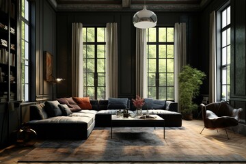 Minimalist English living room with a dark and brutal interior, featuring large windows. Generative AI - obrazy, fototapety, plakaty