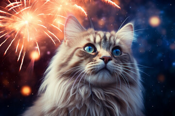 Cute pet watching christmas 4th july night with fireworks made with Generative AI technology - obrazy, fototapety, plakaty
