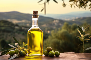 Olive oil bottle and olive fruits on a wooden table under olive tree - AI Generated