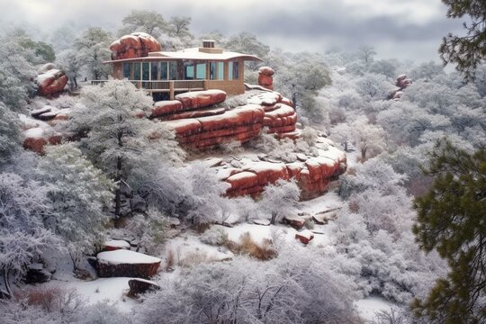Enchanted rock house nestled in snowy forest. Generative AI