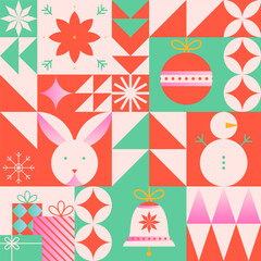 Christmas and Happy New Year greeting card template.Festive vector background in flat modern style with traditional winter holiday symbols.Xmas pattern design for branding,invitations,prints,smm