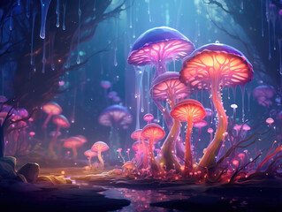 Fototapeta na wymiar Cartoon Magic Mushrooms, Watercolor Painting, Generative AI