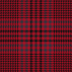 Red glen chek plaid. Scottish pattern fabric swatch close-up. 