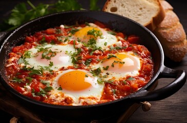 A close-up shot of a delicious shakshuka dish with eggs, tomatoes, and spices in a skillet. The vibrant colors and textures are mouthwatering.