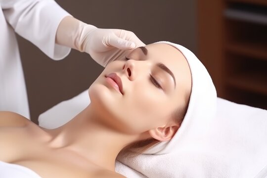 Cosmetology beauty procedure. Young woman skin care