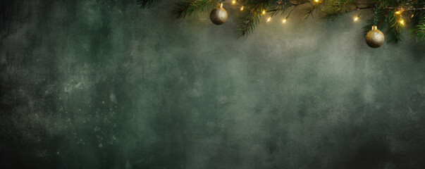 background green winter atmosphere, party with christmas tree branch, garland, and christmas...