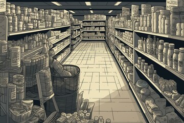 An illustration depicting a messy supermarket aisle with shelves devoid of items. Generative AI