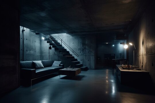 Dark underground basement with moody blue lighting and gritty concrete walls. Generative AI