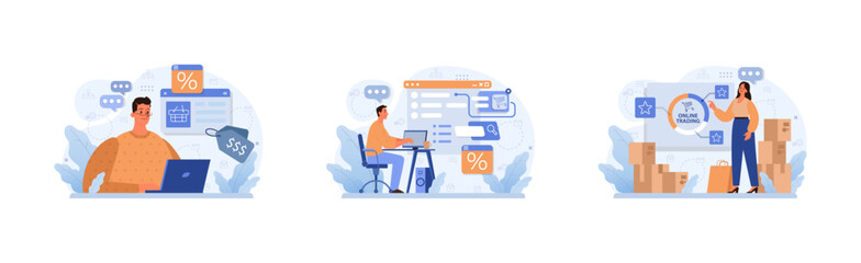 E-commerce set. Online shopping, character purchasing goods on a website