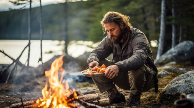 backpacker cooking a simple meal by a campfire in the wilderness generative ai