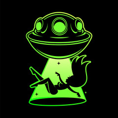 Realistic UFO, Unidentified flying object. Alien space ships with green light beam, smoke and sparkles. Mystical green