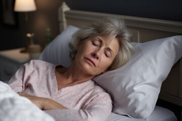 Tired middle aged woman lying in bed